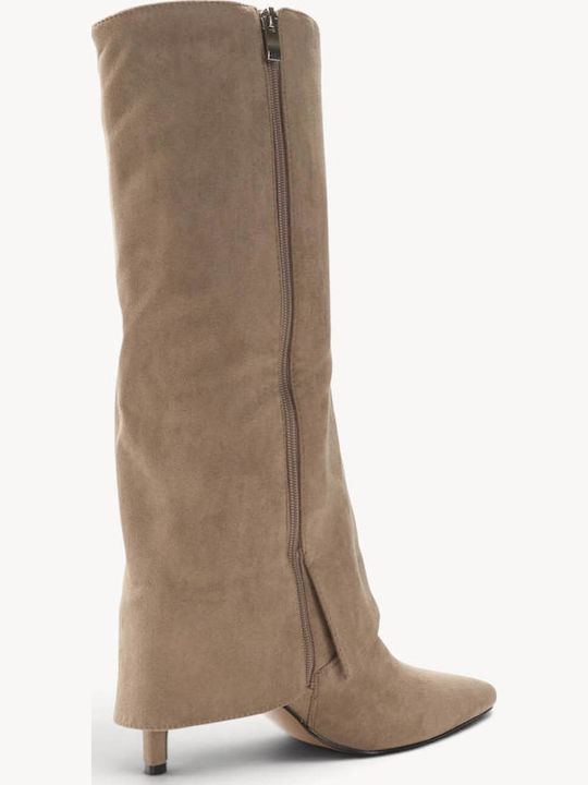 Μπεζ Suede Μπότες Minimal Cape Design Κ Kitten Heel