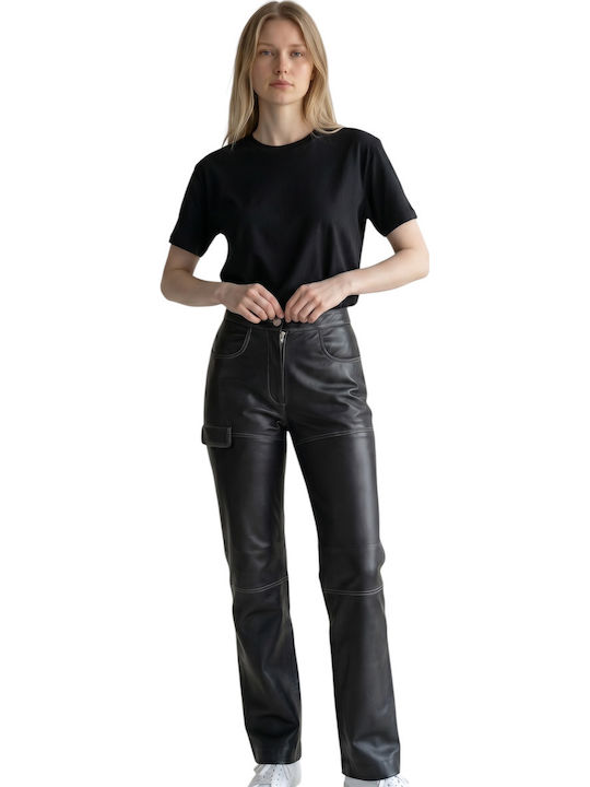 Women's Leather Trousers in Straight Leg Black