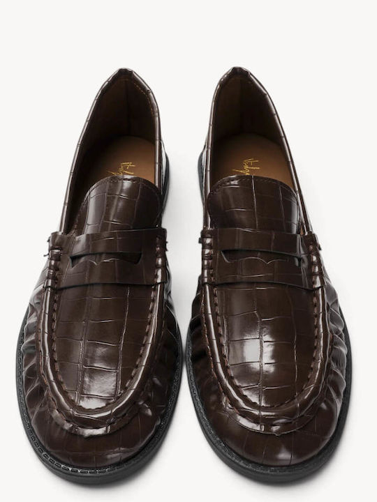 Mocasini Dama Loafers Croco Cu Textură Embosată Cusătură Moccasin Maro
