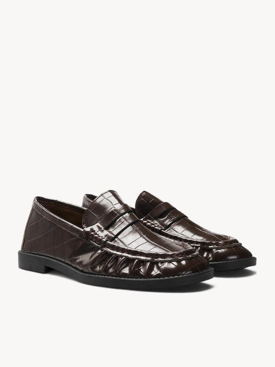 Mocasini Dama Loafers Croco Cu Textură Embosată Cusătură Moccasin Maro