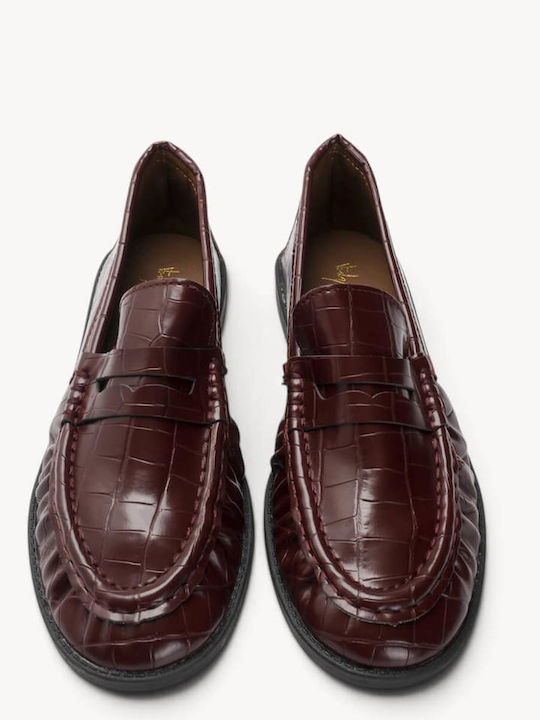 Bordeaux Damen Mokassins Croco Angeleimte Textur Raffung Ligglo