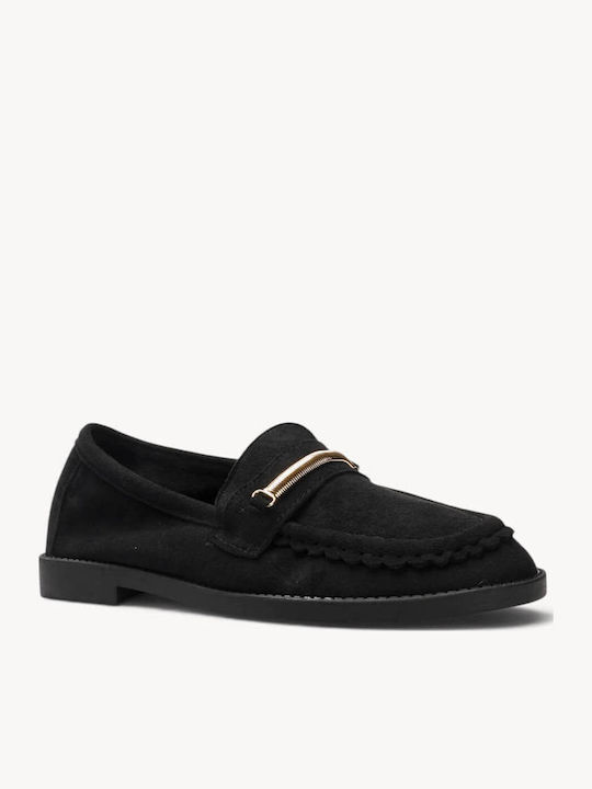 Black Moccasins Suede Texture Metallic Bar