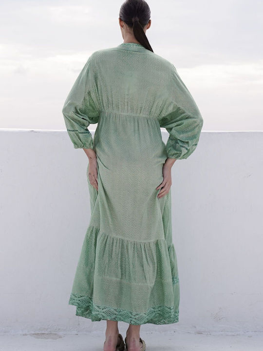 Summer Maxi Shirt Dress with Ruffles Green