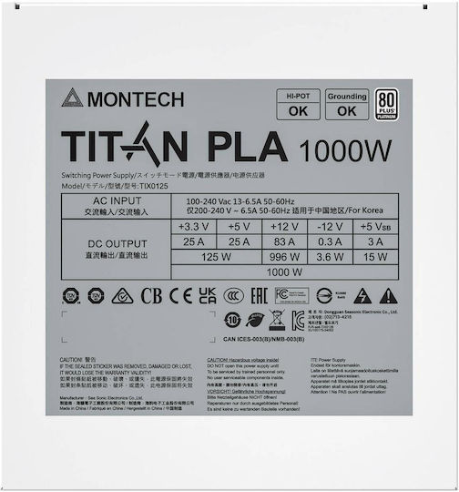 Montech Titan PLA 1000W 1000W Μαύρο Τροφοδοτικό Υπολογιστή Full Modular 80 Plus Platinum