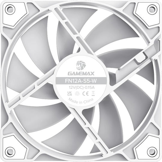 GameMax FN12A-S5 Вентилатор за кутия 120mm (1600rpm / 41cfm) с RGB Осветление и Свързване 3-Pin / 4-Pin PWM Бял