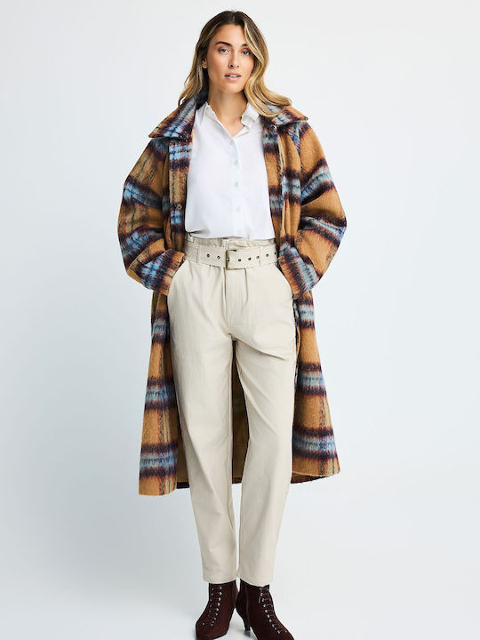 Women's High Rise Fabric Trousers in Paperbag Fit Beige