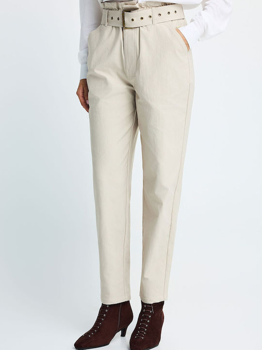 Women's High Rise Fabric Trousers in Paperbag Fit Beige