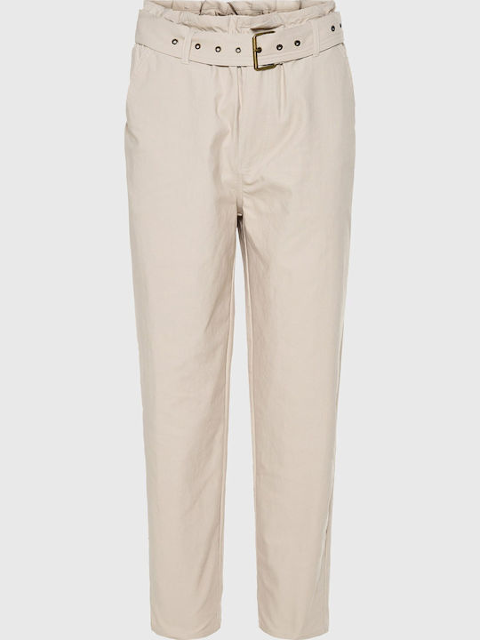 Women's High Rise Fabric Trousers in Paperbag Fit Beige