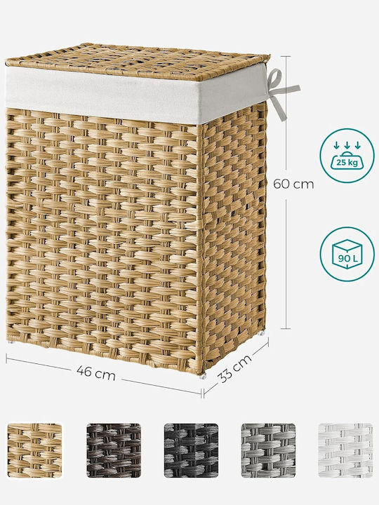 Songmics Coș de rufe Din Paie 90lt cu Capac 46x33x60cm Alb