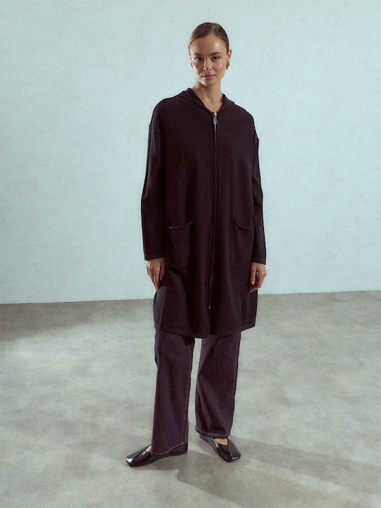 Celestino Cardigan Pentru Femei Lung Cu Glugă Loose Fit Negru