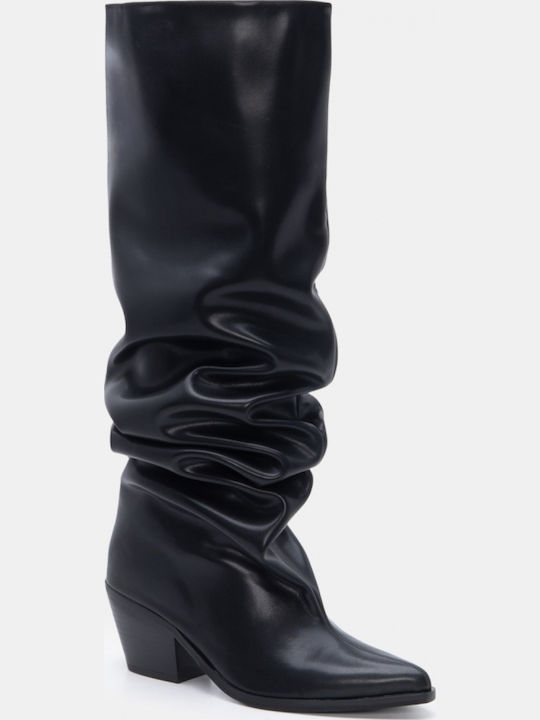 Wildleder Damenstiefel Cowboy mit Mittelhohem Absatz Schwarz