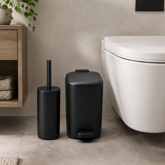 Eurocasa Metallic Bathroom Brush And Trash Can Kit Soft Close 6lt Black