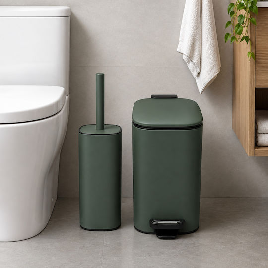 Eurocasa Metallic Bathroom Brush And Trash Can Kit Soft Close 6lt Green
