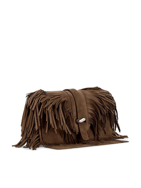 Geantă Dama de Umăr / Crossbody Din Piele Întoarsă Cu Franjuri Maro