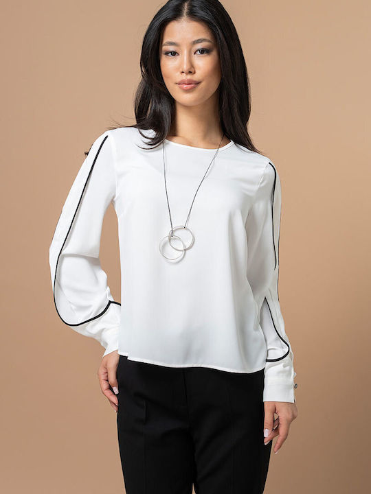 Bryana Bluza Damă Mânecă Lungă Drapată Alb