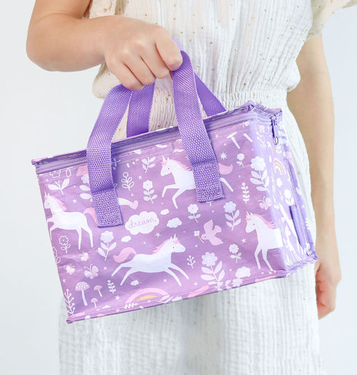 A Little Lovely Company School Insulated Handheld Lunch Bag 5.5lt Lilac Unicorns 16x16x23cm