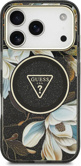 Guess Iml Glitter Flowers Triangle Magsafe Калъф за iPhone 18 Pro 17 Pro Черен