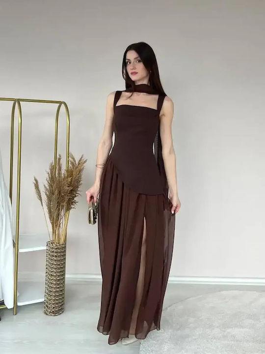 Summer Evening Shirt Dress with Tulle Brown