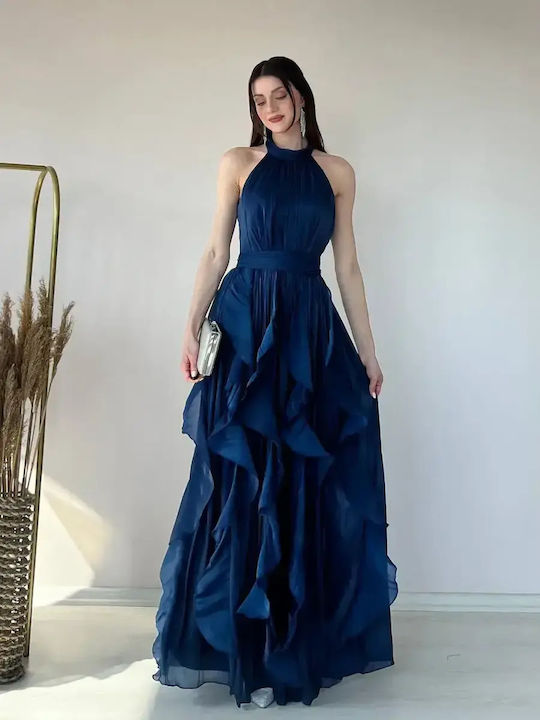 Summer Maxi Dress for Wedding Christening Satin Dark Blue