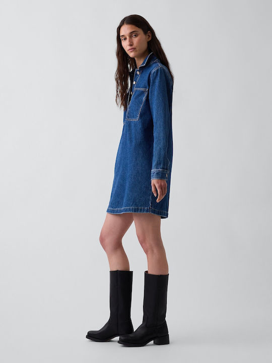 Sommer Mini Hemdkleid Denim Mittlerer Waschung