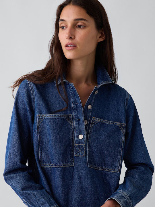 Sommer Mini Hemdkleid Denim Mittlerer Waschung
