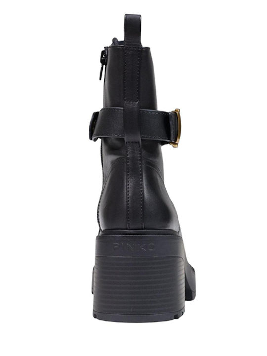 Leder Damen Stiefeletten mit Mittelhohem Absatz Schwarz