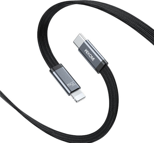 WK Flach / Geflochtenes USB-C zu Lightning Kabel 35W Schwarz 1,2m 115054