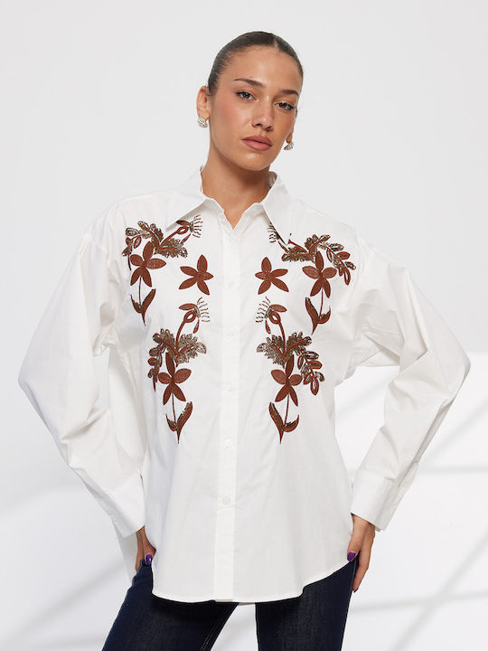 Langärmeliges Damen Denim Hemd Weiß Blumen