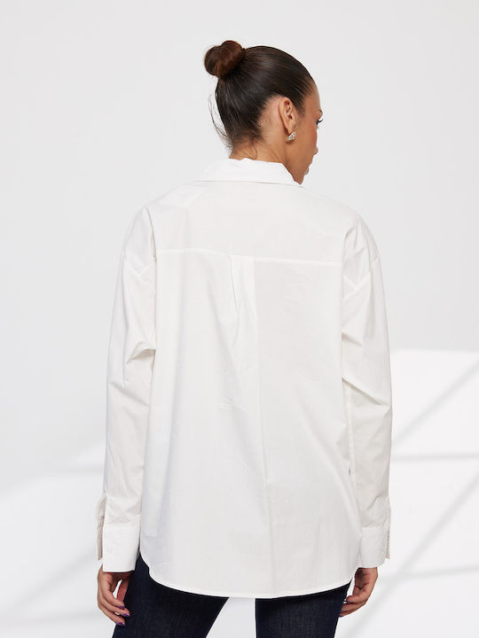 Langärmeliges Damen Denim Hemd Weiß Blumen