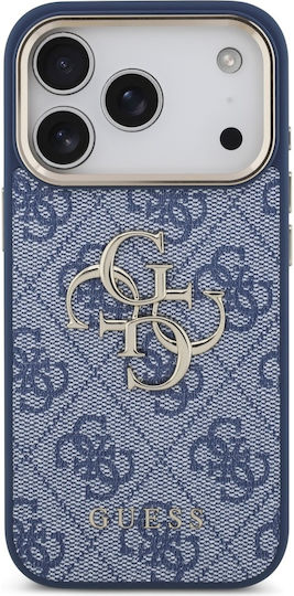 Guess калъф от PU кожа с метално лого и златна рамка за iPhone 18 Pro син
