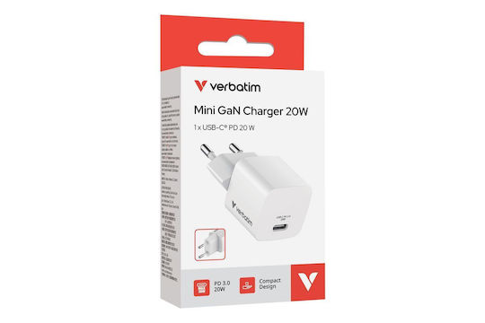 Verbatim Wireless Charger GaN With USB-C Output Port 20W Power Delivery White Mini