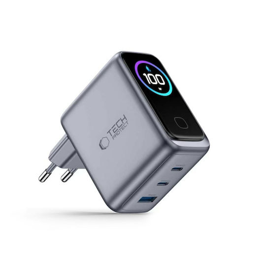 Tech-Protect Handyladegerät Ohne Kabel mit USB-A Ausgangsanschlüsse und 2 USB-C Ausgangsanschlüsse 100W Stromlieferung / Schnellladetechnologie 3.0 Dunkelgrau (PowerVision NC100W-GaN)