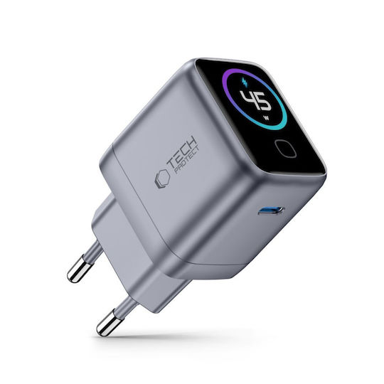 Tech-Protect Handyladegerät Ohne Kabel mit USB-C Ausgangsanschlüsse 45W Stromlieferung Dunkelgrau (Powervision NC45W-GAN)