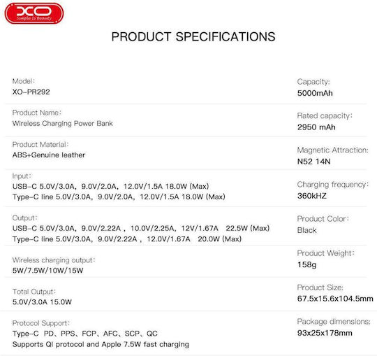 XO PR292 Power Bank 5000mAh with USB-C Port Black