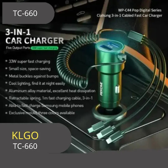 Autoladegerät 33W mit Anschlüssen: 2xUSB-A zusammen mit Kabel Lightning / Mikro-USB / Typ-C Schwarz Farbe