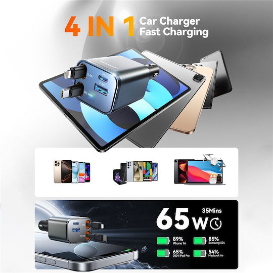 Joyroom Ccl05 4 1 Car Charger Two Charging Cables 2 Ports 45w Anthracite