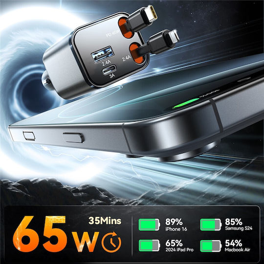 Joyroom Ccl05 4 1 Car Charger Two Charging Cables 2 Ports 45w Anthracite