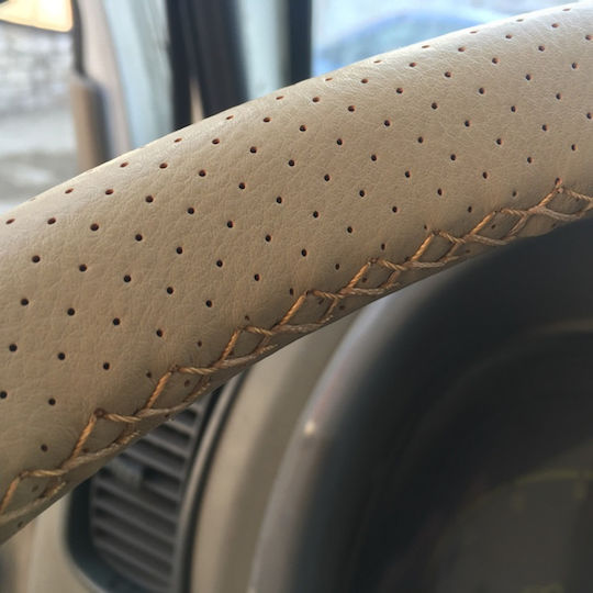 Husă Volan Auto cu Diametru 39cm Din Piele Bej cu Cusătură Bej