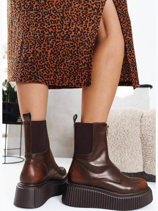 Tabac Brown Ankle Boots Platform Front Zipper