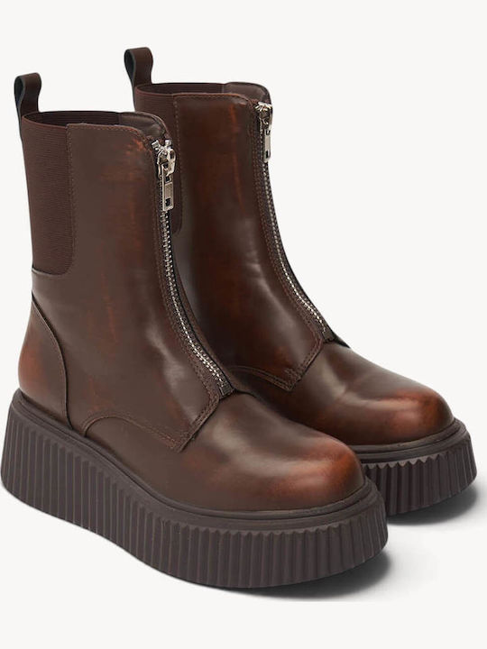 Tabac Brown Ankle Boots Platform Front Zipper