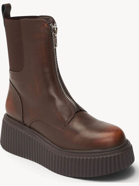 Tabac Brown Ankle Boots Platform Front Zipper