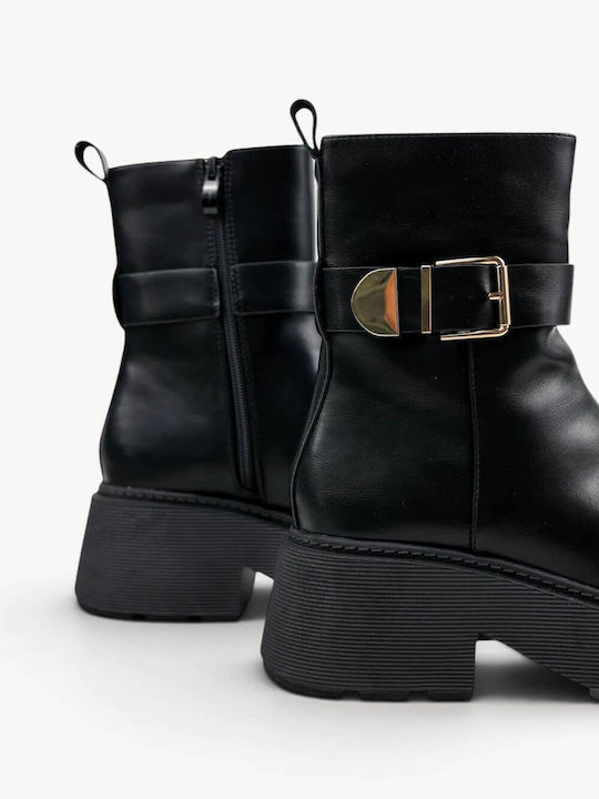 Black Ankle Boots Metal Buckle Chunky Sole