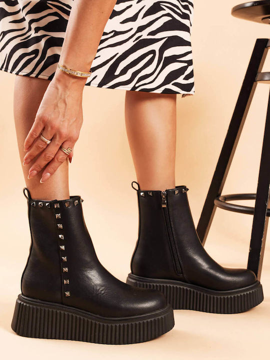 Schwarze Stiefeletten Damen Plattform mit Metallischen Nieten