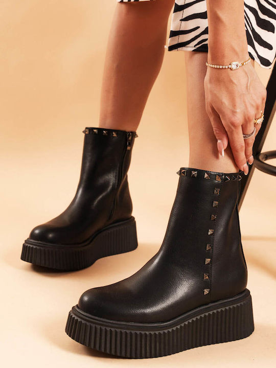 Schwarze Stiefeletten Damen Plattform mit Metallischen Nieten