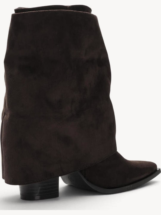 Brown Western Ankle Boots With Metallic Buckle And Gathered Detail
