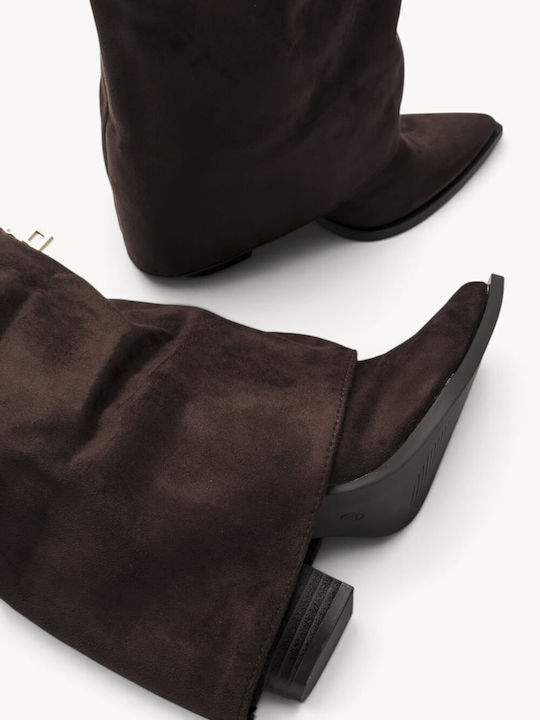 Brown Western Ankle Boots With Metallic Buckle And Gathered Detail
