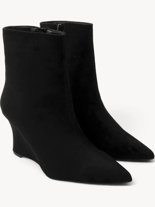 Black Ankle Boots Pointed Toe Wedge Heel