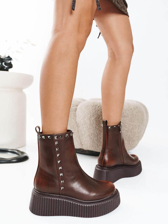Tabac Brown Platform Ankle Boots with Metal Studs