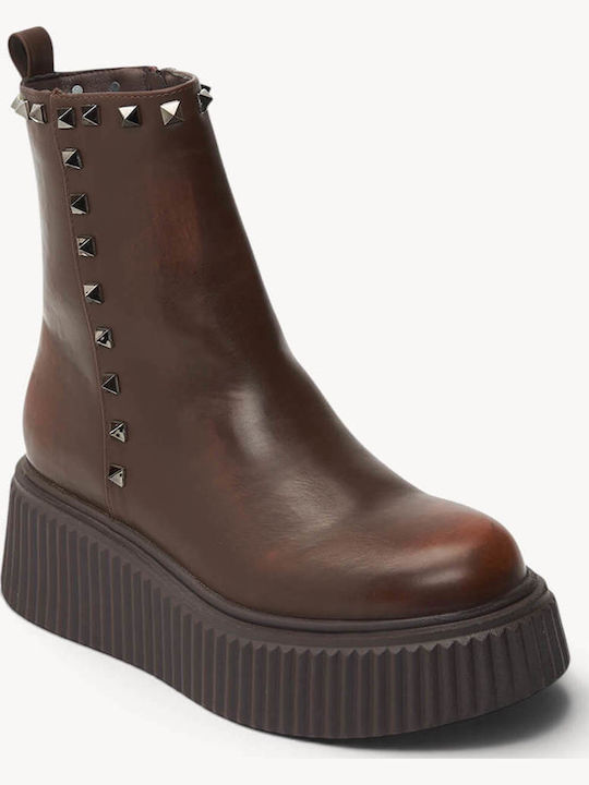 Tabac Brown Platform Ankle Boots with Metal Studs