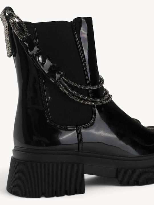 Black Patent Leather Ankle Boots Decorative Chains